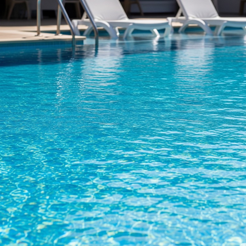 Crystal-clear pool water and poolside loungers cared for by Aquatic Pool Services